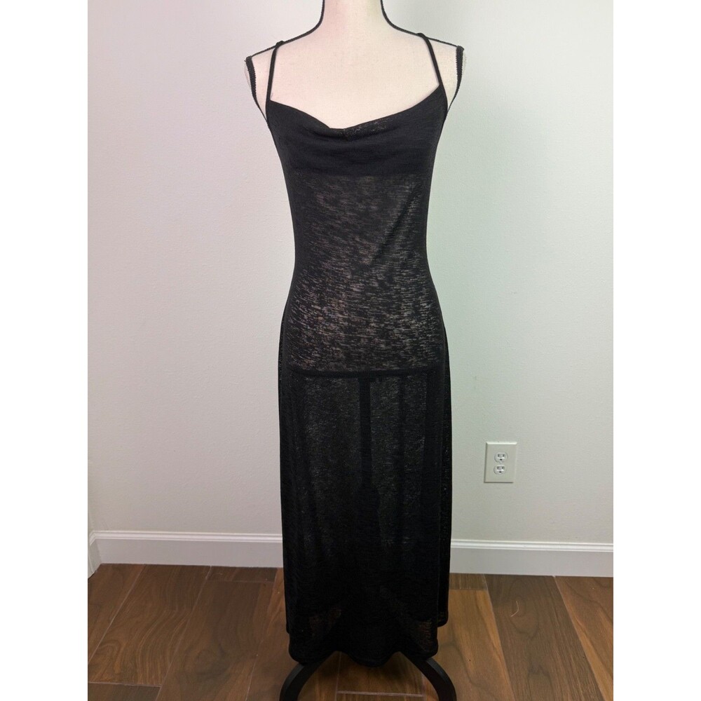 VRG GRL Black Sheer Midi Dress Size 10 Cowl Neck Lace Up Back Y2K Whimsigoth